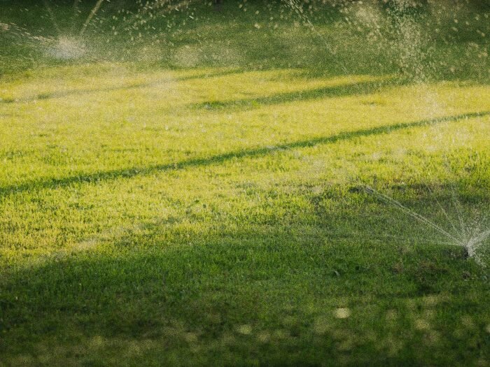 Irrigation sprinkler running across commercial turf